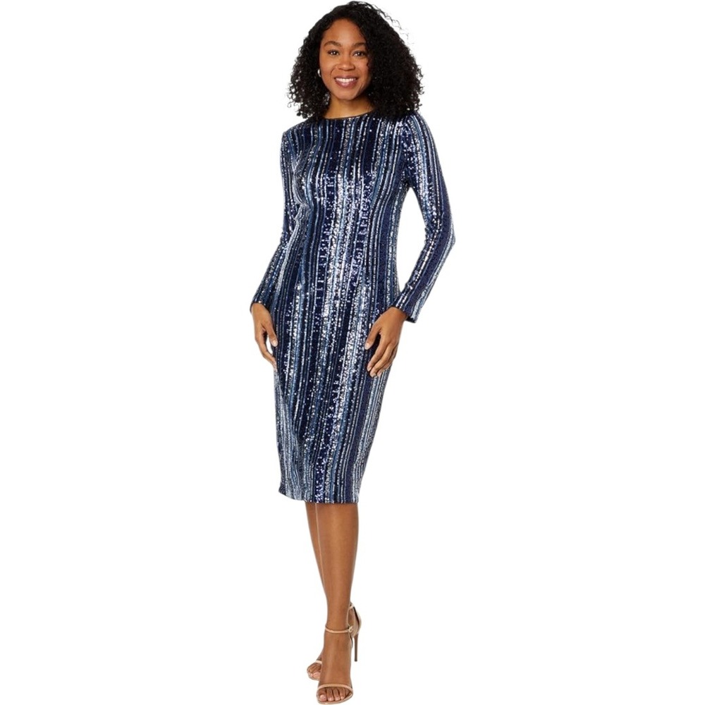 NWT Maggy London Blue Sequin striped Long Sleeve Jewel Neck Midi Dress US 14